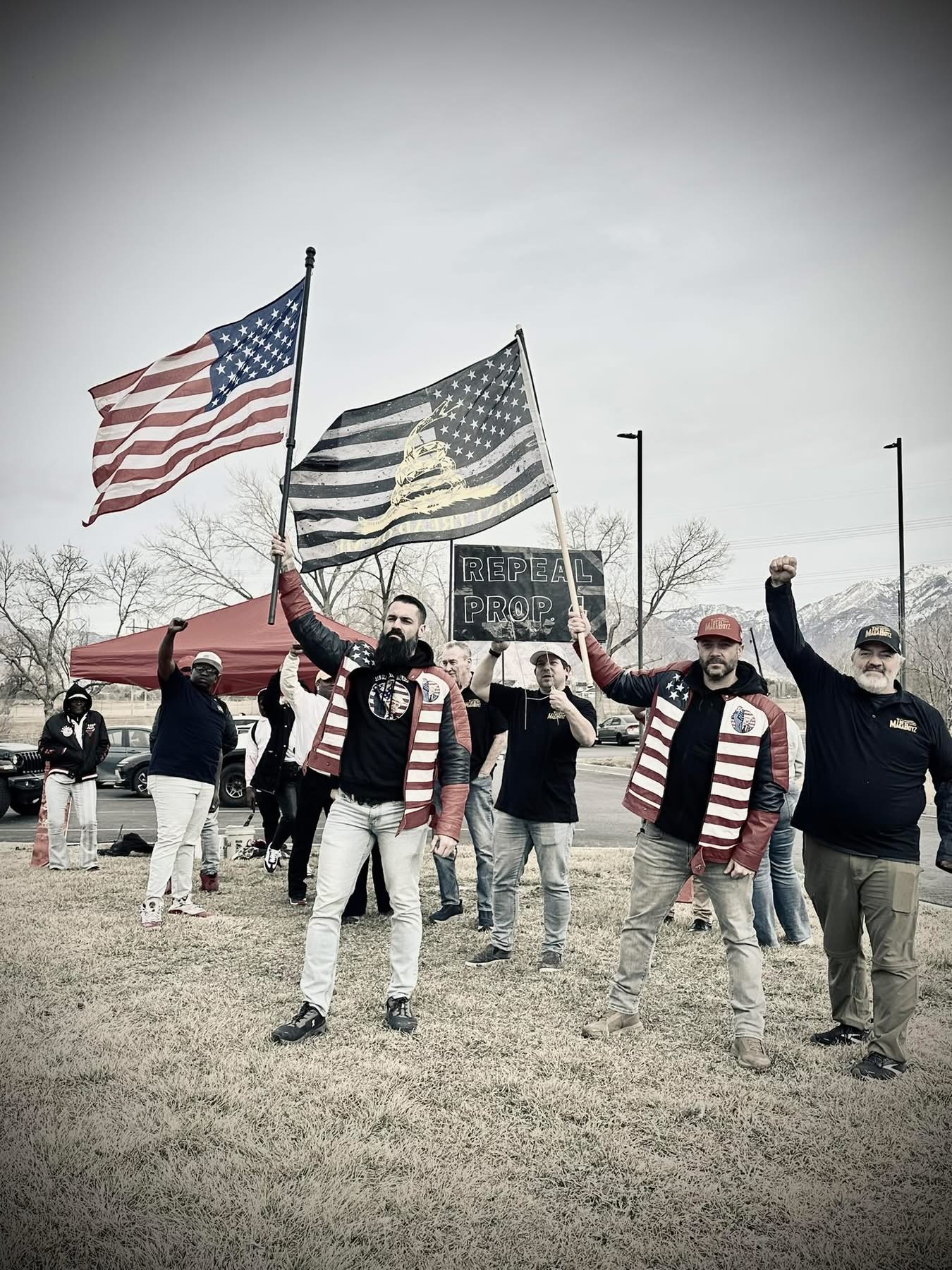 The MAGA Boyz raising flags at the Utah Prop 4 repeal effort