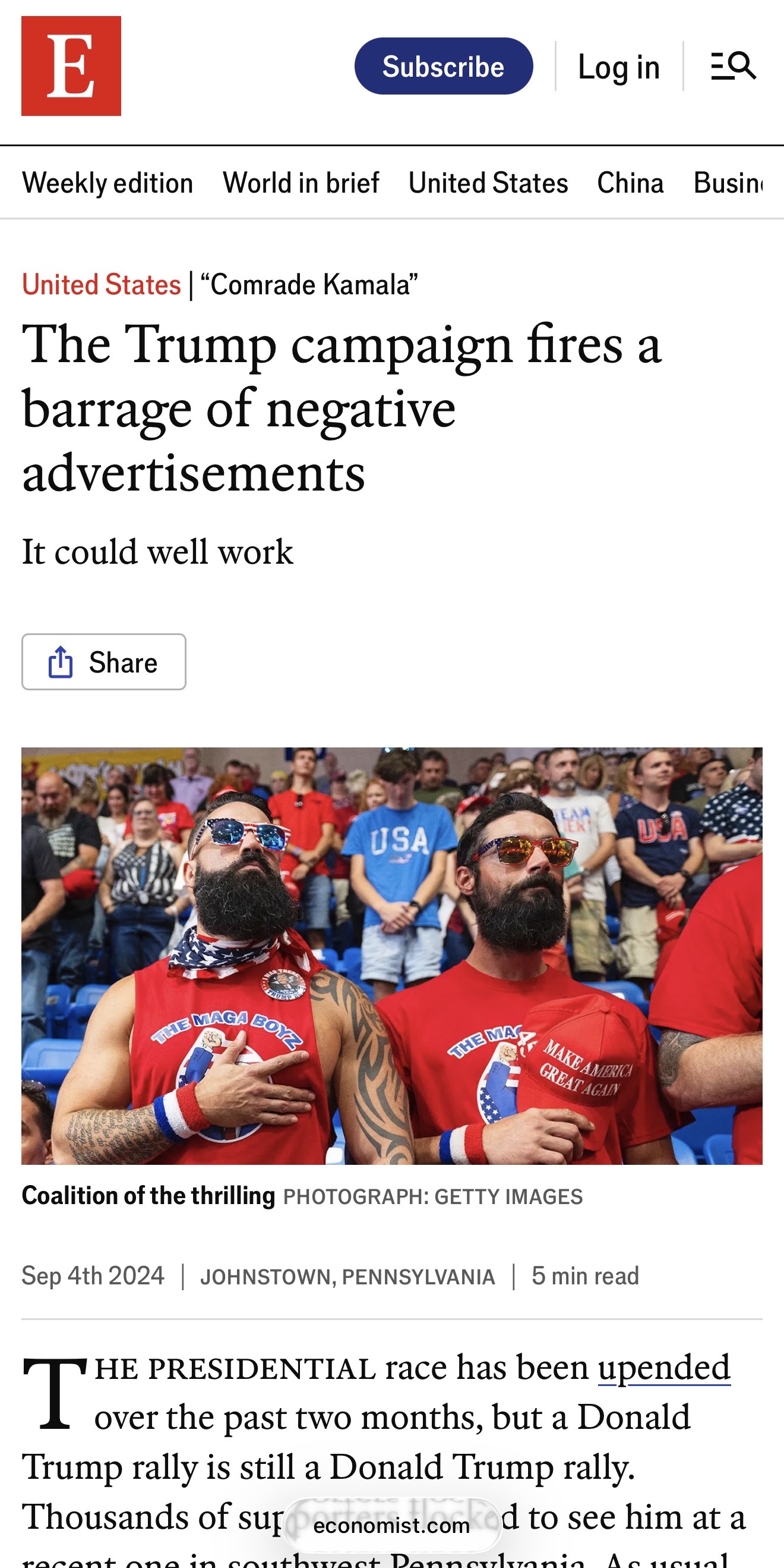 The Economist coverage picturing the MAGA Boyz in Pennsylvania