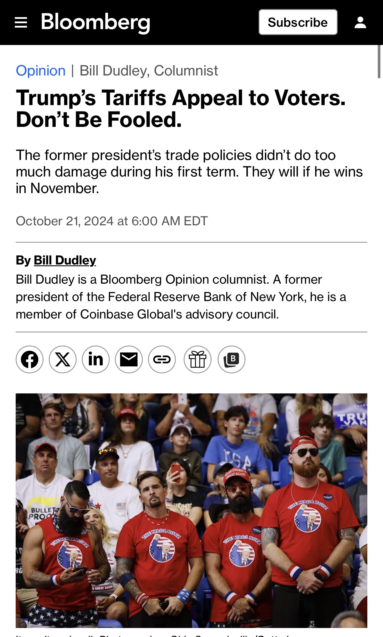 Bloomberg coverage picturing the MAGA Boyz at a 2024 Trump rally