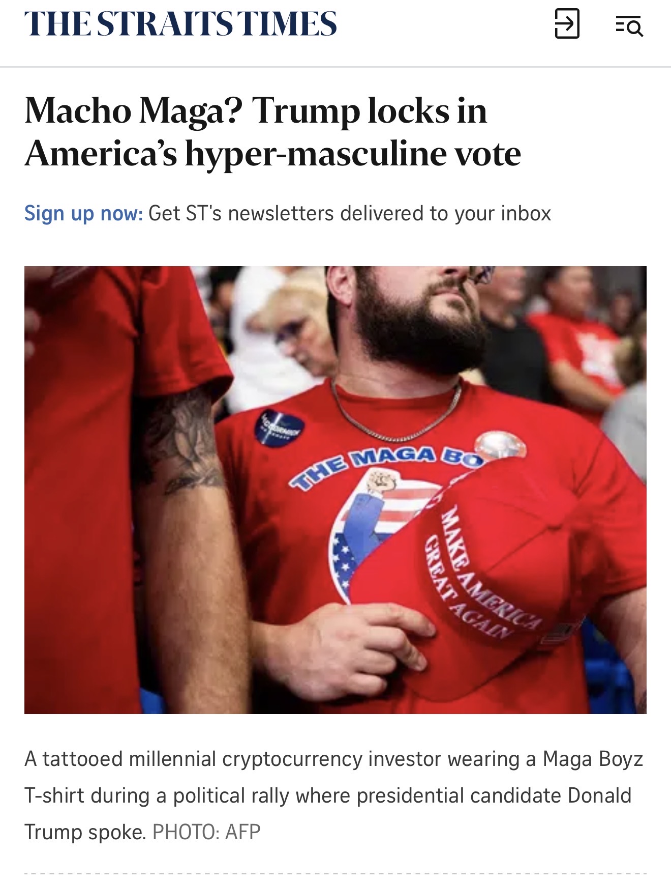 The Straits Times coverage picturing a MAGA Boyz shirt